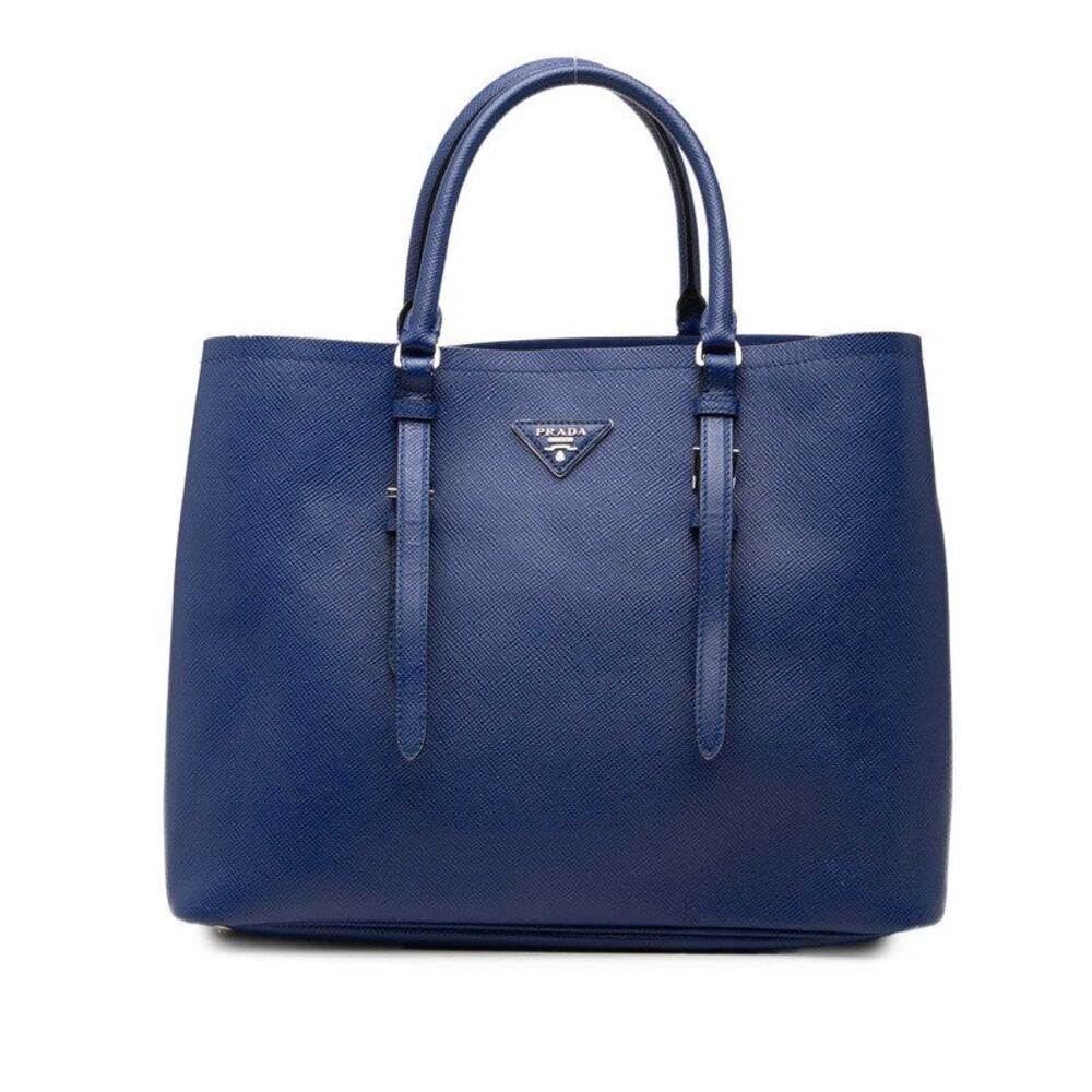 Prada Saffiano Triangle Logo Plate Tote Bag Blue